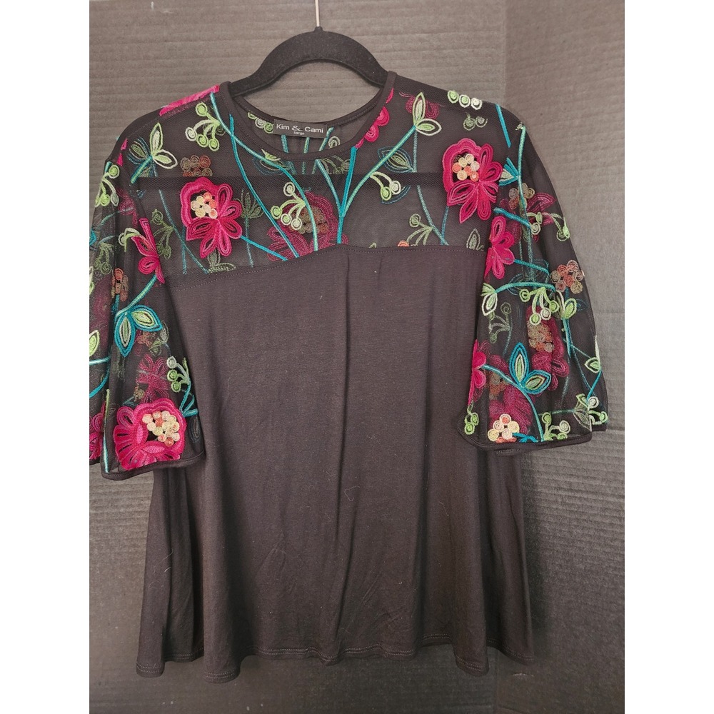 Kim & Cami Black Floral Embroidered Mesh Yoke Top Large A0862-L053-MA
